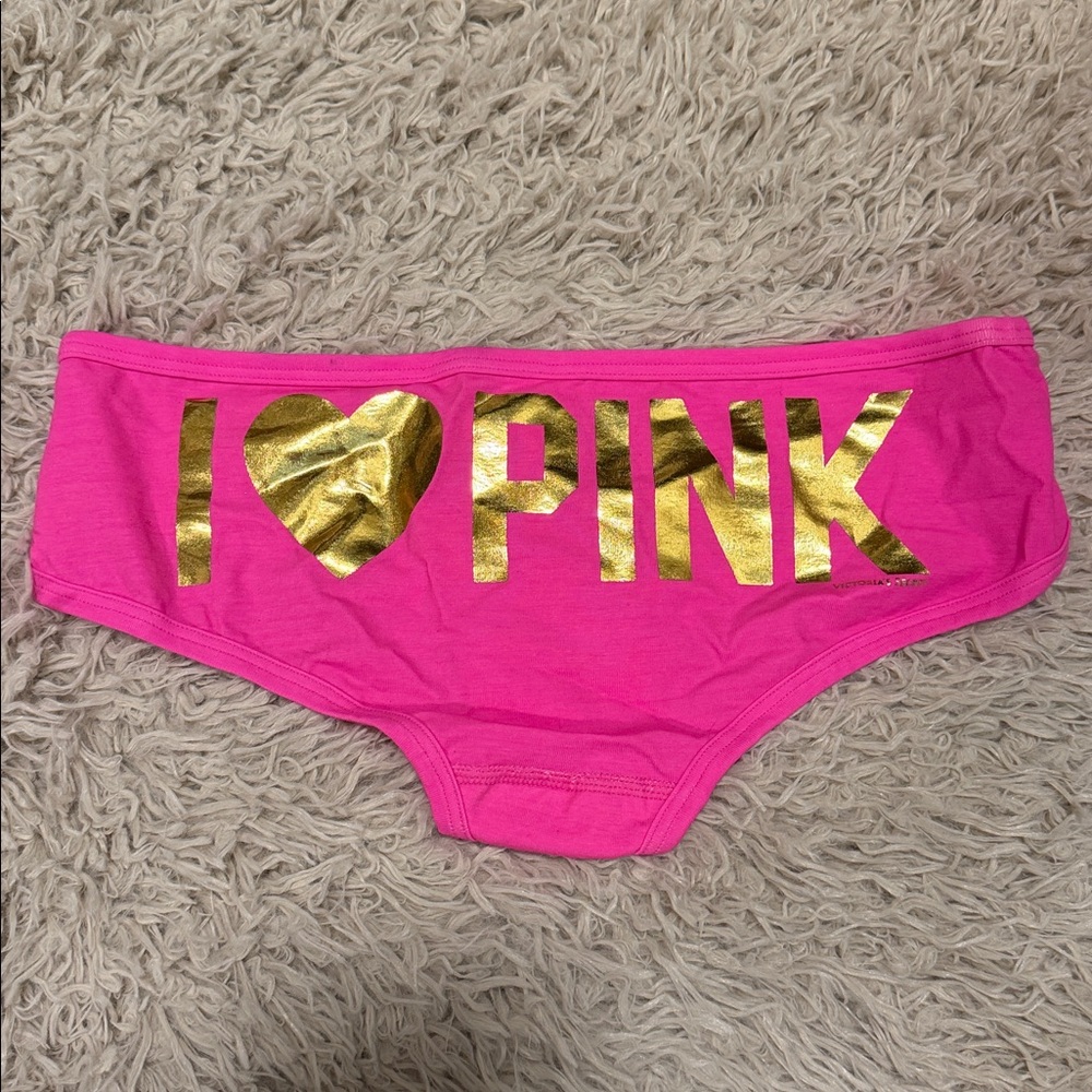 NWT VTG PINK Victoria’s Secret Extra Low Rise Hipster Gold Foil "I ❤️ PINK"Small